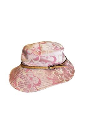 Coach Pink & Tan Signature Bucket Hat with Leather Trim